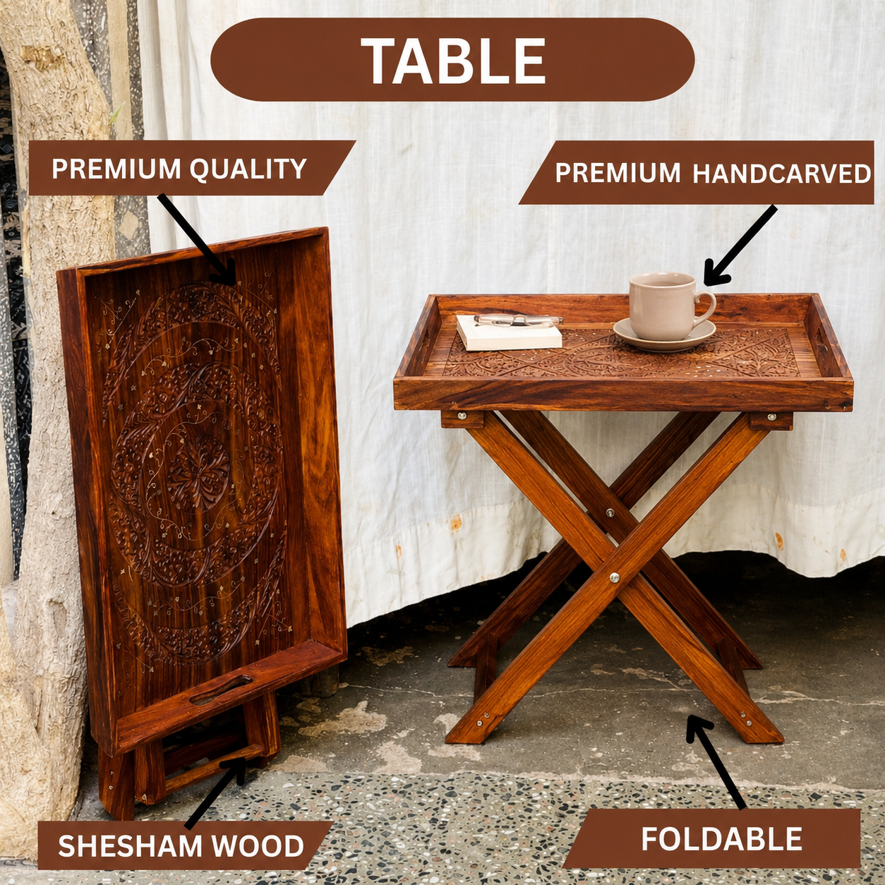 Hand-Carved Wooden Table – Premium Solid Wood with Elegant Craftsmanship