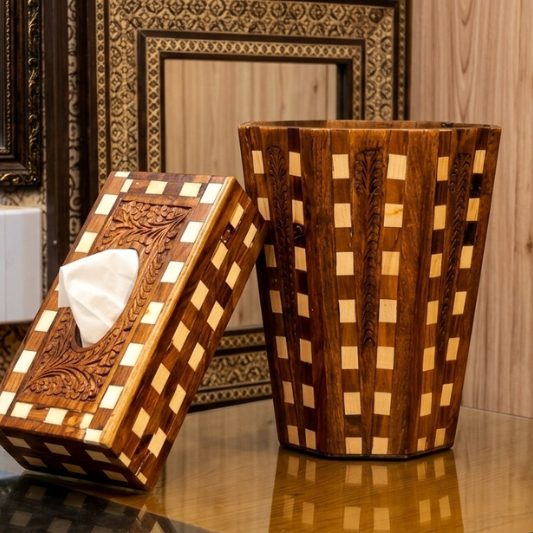 Handcrafted Wooden Dustbin in Tukri Style – Natural Sheesham Wood with Handcarved Detailing