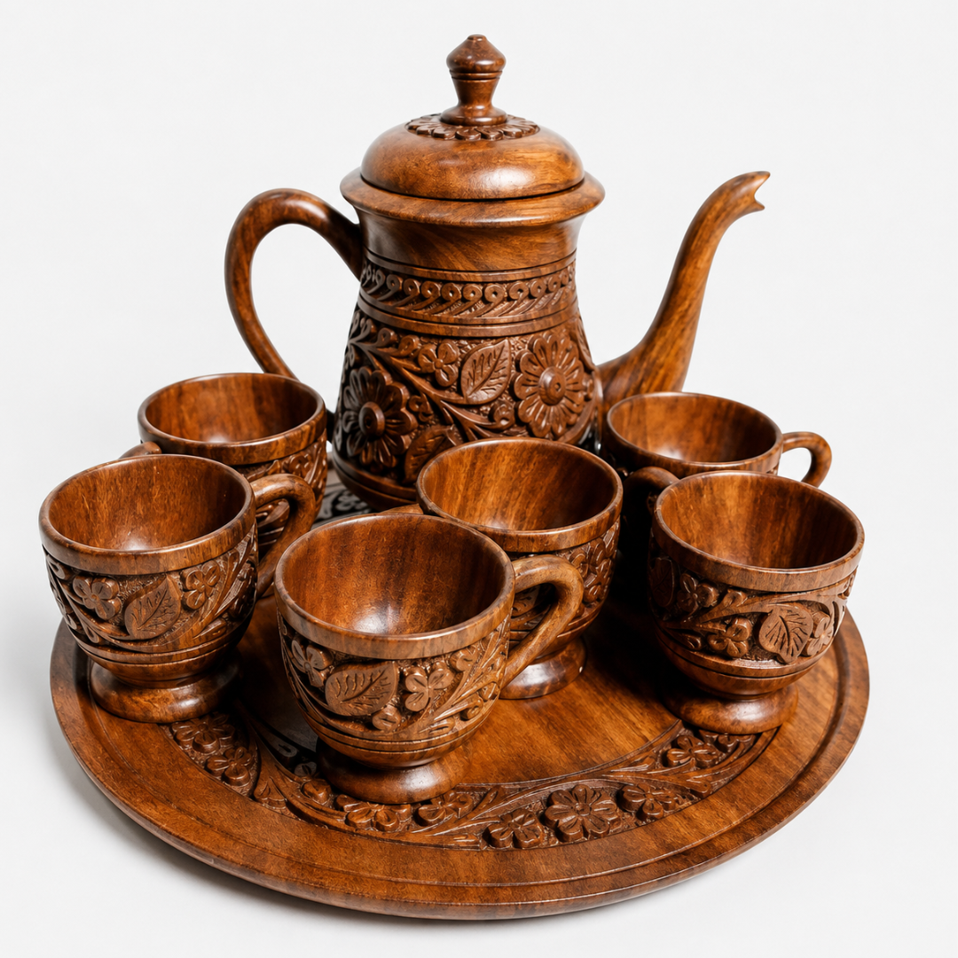 Hand Carved Premium Wooden Tea Set with Circular Tray