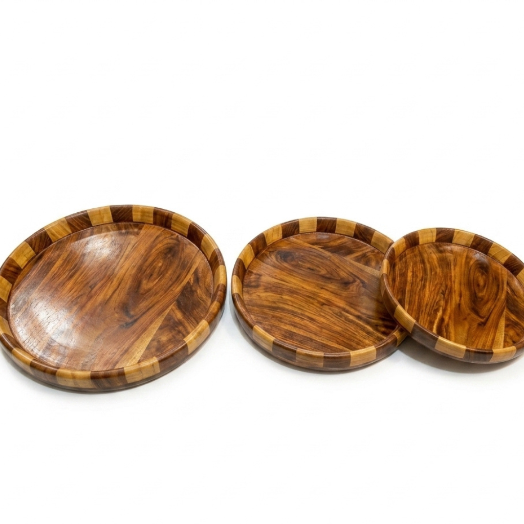 Tukri Wooden Plate Set (3 Pcs) – Handcrafted Wooden Dinner Plates for Serving & Dining