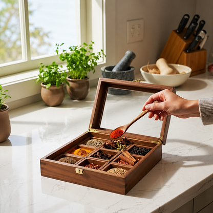 Carved Wooden Spice Box – Masala Dani Organizer Pakistan