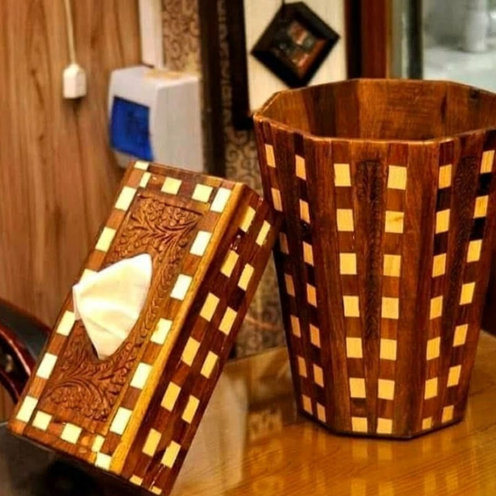 Handcrafted Wooden Dustbin in Tukri Style – Natural Sheesham Wood with Handcarved Detailing