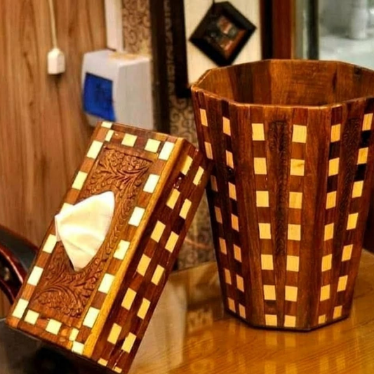 Handcrafted Wooden Dustbin in Tukri Style – Natural Sheesham Wood with Handcarved Detailing