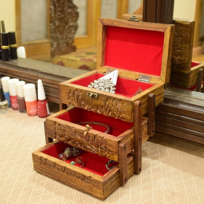 Hand Carved 3 Drawer Wooden Jewelry Box