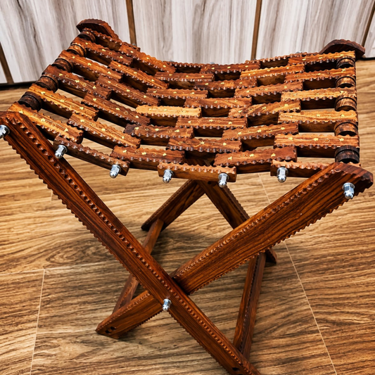 Handmade Foldable Wooden Tukri Shape Stool with Brass Work