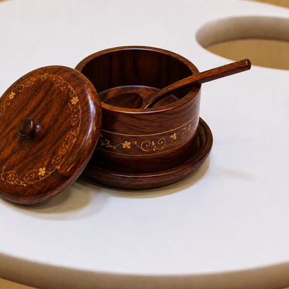 Handcrafted Wooden Sugar Pot with Lid & Spoon – Rustic Kitchen Sugar Bowl