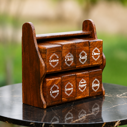 Handcrafted Wooden Masala Box with 8 Compartments – Traditional Indian Spice Organizer | Kitchen Spice Storage Container