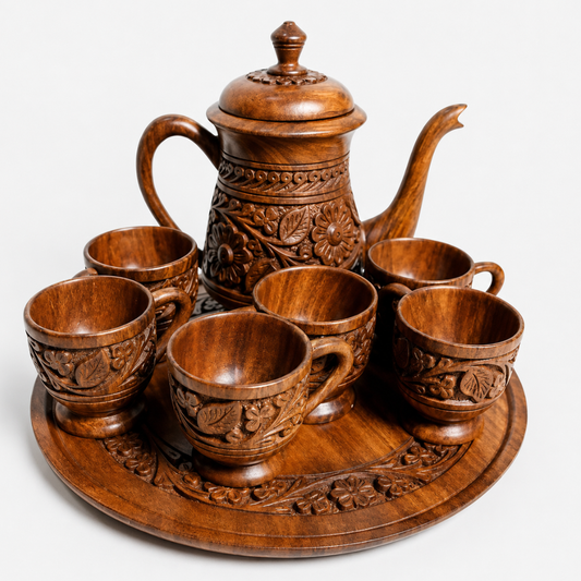 Hand Carved Premium Wooden Tea Set with Circular Tray