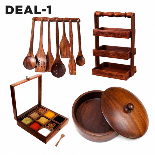 DEAL-1 Wooden Hotpot (Without Steel Bowl) , Masala Box, Spoon Stand & 7-Piece Spoon Set