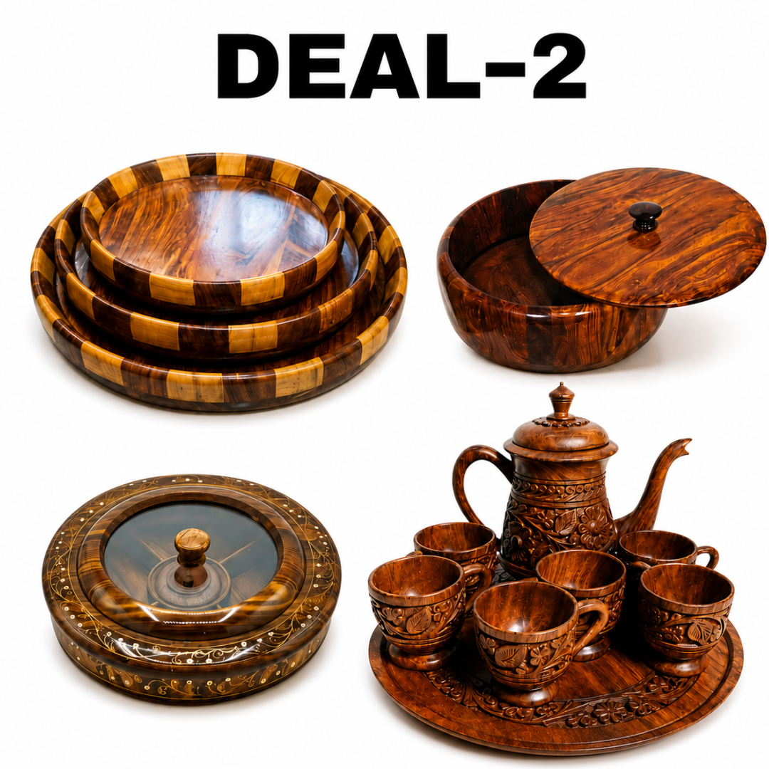 Deal-2 Premium Wooden Dining Combo | 3 pcs Turkish Plate Set, Dry Fruit Box, Wooden Hotpot & Tea Set
