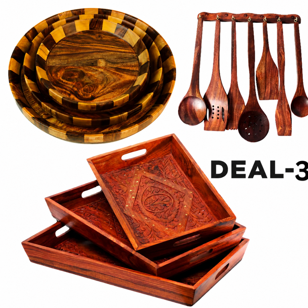 DEAL-3 Tray Set of 3, Wooden Plates, and 7-Piece Cooking Spoon Set