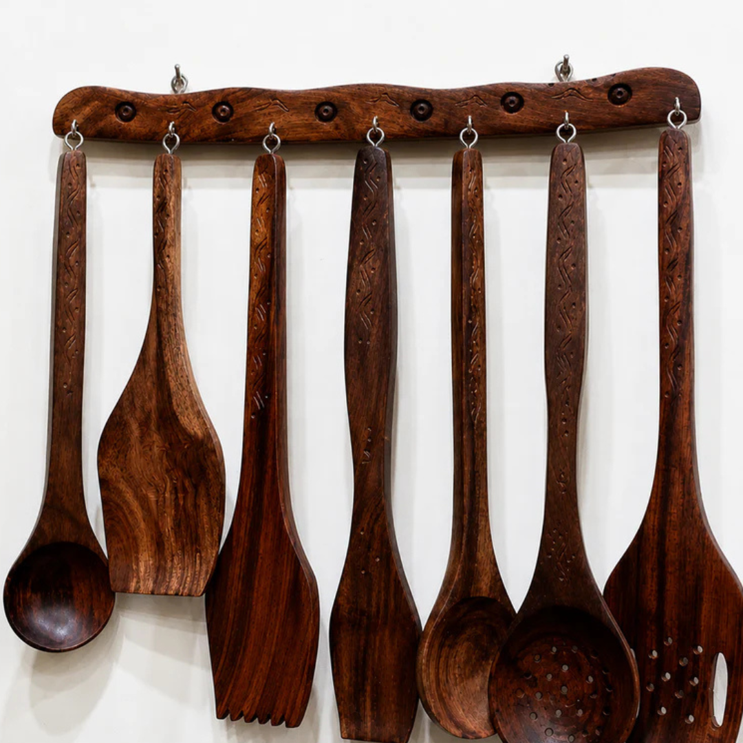 Deal 5 – Premium Wooden Hotpot (Without Steel Bowl) with Chakla Balan, Spoon Stand & 8-Piece Wooden Spoon Set
