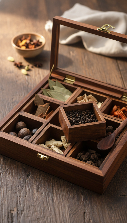Carved Wooden Spice Box – Masala Dani Organizer Pakistan