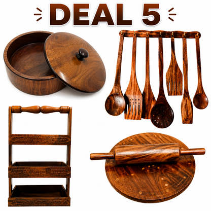 Deal 5 – Premium Wooden Hotpot (Without Steel Bowl) with Chakla Balan, Spoon Stand & 8-Piece Wooden Spoon Set