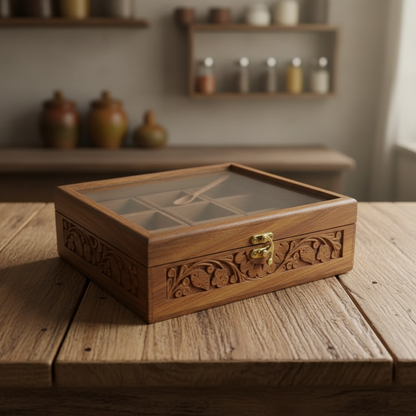 Carved Wooden Spice Box – Masala Dani Organizer Pakistan